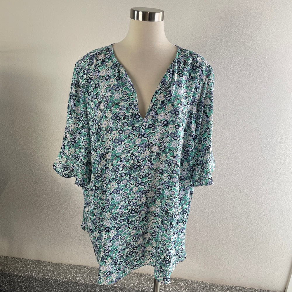 Roz & Ali Womens Plus 3X Floral Split Neck Blouse Green Blue Navy Tunic Top